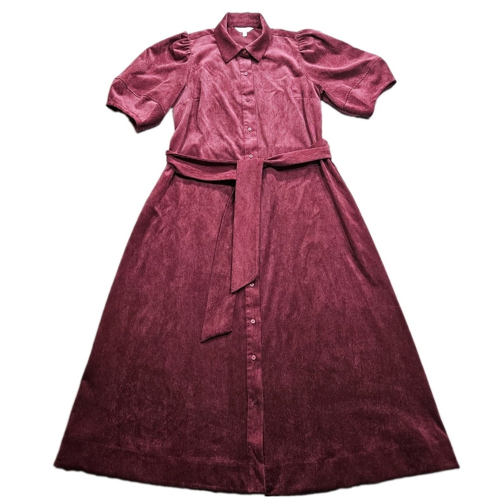 Crown Ivy Corduroy Maxi Dress Womens Large Dark Red Wine Tie Waist Button Front